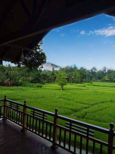 een balkon met uitzicht op een groen veld bij Rainforest Nest in Deniyaya