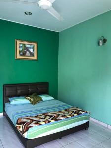 um quarto com paredes verdes e uma cama em Chalet Sri Damai em Kampong Pengkalan Maras