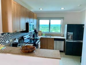 a kitchen with wooden cabinets and a counter top at Amazing Ocean View Luxury Condo in Coronado Panama in Playa Coronado