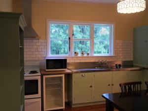 cocina con microondas y fregadero y 2 ventanas en Tinui Food Forest Cottage en Whareama