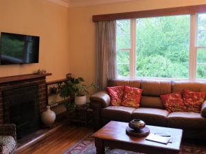 a living room with a couch and a fireplace at Tinui Food Forest Cottage in Whareama