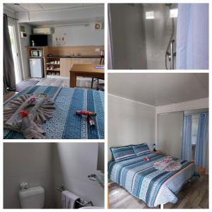 a collage of four pictures of a bedroom and a bed at Taroom Caravan & Tourist Park in Taroom