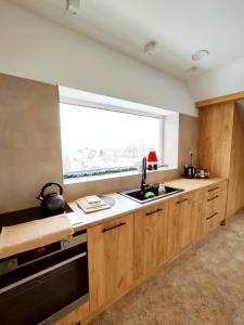 a kitchen with a sink and a large window at Apartament Nad Góralem in Milówka