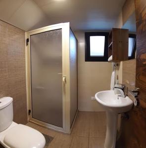 a bathroom with a shower and a toilet and a sink at Villars in Mayrūbā