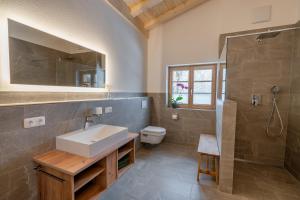 W łazience znajduje się umywalka, prysznic i toaleta. w obiekcie Waldgut w mieście Oberstdorf