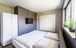 um quarto com uma cama e uma televisão na parede em Ferienhaus Stilloft One em Wernigerode