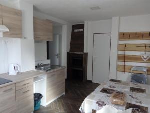a kitchen with wooden cabinets and a counter top at ubytovanie Petra in Spišské Tomášovce