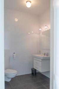 La salle de bains blanche est pourvue de toilettes et d'un lavabo. dans l'établissement De Dorsvloer, à Drimmelen
