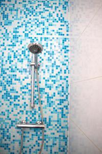een badkamer met een douche met blauwe tegels op de muur bij De Dorsvloer in Drimmelen