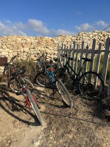 Dos bicicletas están estacionadas junto a una valla. en Villa Hellas en Afiartis