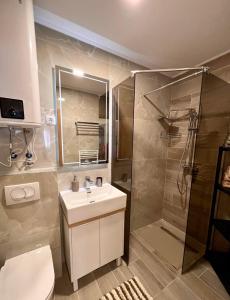 a bathroom with a sink and a shower at Vila Jahor CozyPlace 28 in Jahorina