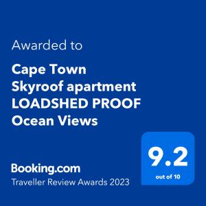 Certifikát, ocenenie alebo iný dokument vystavený v ubytovaní Cape Town Skyroof apartment LOADSHED PROOF Ocean Views