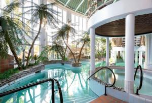 a swimming pool with palm trees in a building at Holiday Club Katinkulta Apartments in Vuokatti