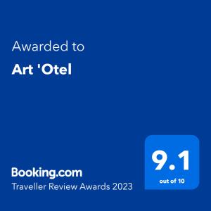 a blue text box with the text awarded to art otel at Art 'Otel in Sofia