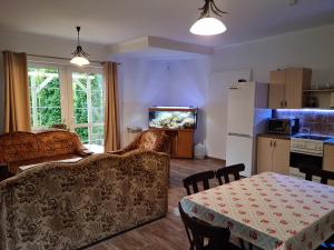 salon z kanapą, stołem i akwarium w obiekcie Hotelik pod różą w mieście Wójtowo