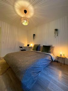 una camera con un grande letto e un soffitto di La plaine paisible - 15’ Paris 10’ Stade de France a Saint-Denis