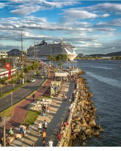a cruise ship is docked next to a dock with people at cantinho jardim in Santos