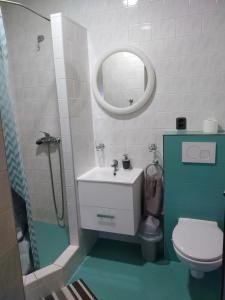 a bathroom with a sink and a toilet and a mirror at Apartmány Puskarčíková in Harrachov