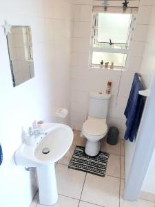 a white bathroom with a toilet and a sink at Izinyoni Place, Mangrove Beach Estate in Port Shepstone