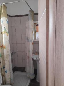 a bathroom with a shower curtain and a toilet at Emmanouela Studios in Sitia