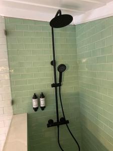 a green shower with two bottles on the wall at Casa Flor de Lis, Sardoal in Sardoal
