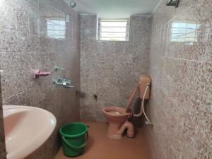 uma casa de banho com um WC cor-de-rosa e um lavatório. em Camrose Guest House em Candolim