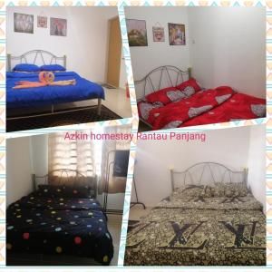 four pictures of a bedroom with two beds in a room at Sobey Laris Homestay RANTAU PANJANG in Pasir Mas