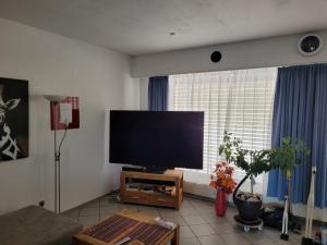 ein Wohnzimmer mit einem großen Flachbild-TV in der Unterkunft Rheinblick Waldshut 2 in Waldshut-Tiengen