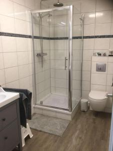 ein Bad mit einer Dusche und einem WC in der Unterkunft Zur Alten Volksbank Wohnung 2 in Petersdorf auf Fehmarn