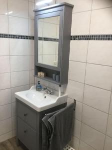 ein Bad mit einem Waschbecken und einem Spiegel in der Unterkunft Zur Alten Volksbank Wohnung 2 in Petersdorf auf Fehmarn