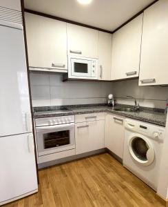 une cuisine avec des armoires blanches et une laveuse et une sécheuse dans l'établissement VTZ El Balcón de San Felipe, à Saragosse