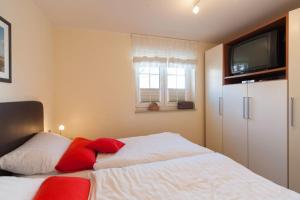 Schlafzimmer mit einem Bett mit roten Kissen und einem TV in der Unterkunft Magister Wigbold 12 in Zingst
