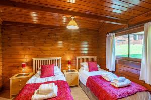 two beds in a room with wooden walls at Lady Galloway 28 with Hot Tub in Newton Stewart