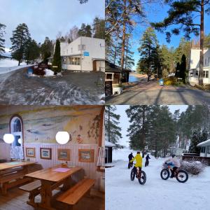 a group of four pictures of people riding bikes in the snow at Hostel Ukonlinna in Imatra