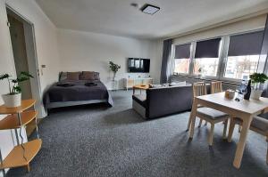 un soggiorno con letto e divano di Apartment Blätterwald a Bad Sachsa