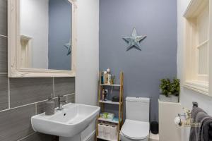 bagno con lavandino, servizi igienici e specchio di Central Exeter Apartment (Kimberley 1A) a Exeter