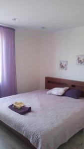 リガにあるGreen Park Domina apartmentのベッドルーム1室(紫色のカーテン付きの大型ベッド1台付)