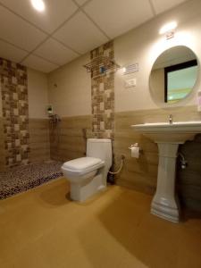 a bathroom with a toilet and a sink at Brit's Palace Goa in Agacaim