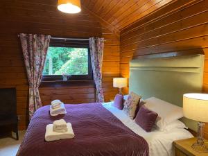 ein Schlafzimmer mit einem Bett in einem Blockhaus in der Unterkunft Lady Galloway 29 with Hot Tub in Newton Stewart