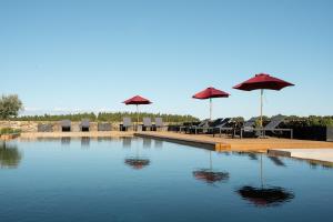 a swimming pool with umbrellas and tables and chairs at Herdade dos Abegões in Salvaterra do Extremo