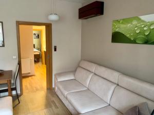 a living room with a white couch and a painting at Park - apartmány na prenájom in Nové Mesto nad Váhom