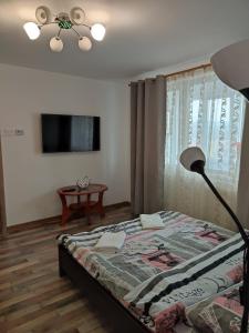 a bedroom with a bed with a lamp and a window at APARTAMENT HD ELI in Hunedoara