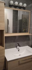 une salle de bains avec un lavabo blanc et un miroir dans l'établissement Superbe appartement lumineux au sud d Orange, à Orange