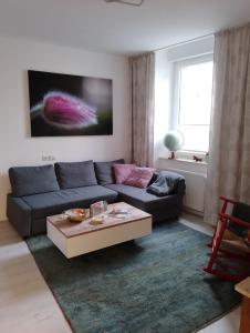 a living room with a couch and a coffee table at Ferienwohnung Am Geysirzentrum in Andernach
