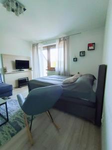 um quarto com uma cama, uma cadeira e uma janela em Vlašićka priča Eko Fis304 em Vlasic