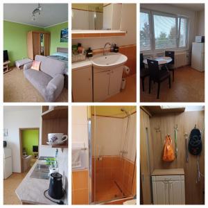 a collage of four pictures of a kitchen and a bathroom at Apartmán Kováčová - The Apartment in spa village in Kováčová