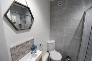 a bathroom with a toilet and a sink and a shower at Gone to the Beach - Sea Views Direct Beach Access in Saundersfoot