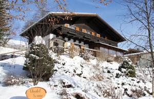 a house covered in snow in front at Chalet Sonne in Maria Alm am Steinernen Meer