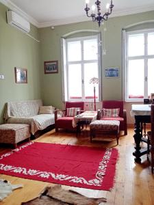 a living room with a couch and a red rug at Apartmani Dragulj in Kula