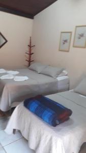 una habitación con 2 camas y una maleta azul en la cama en Pousada Boa Vista en Brotas